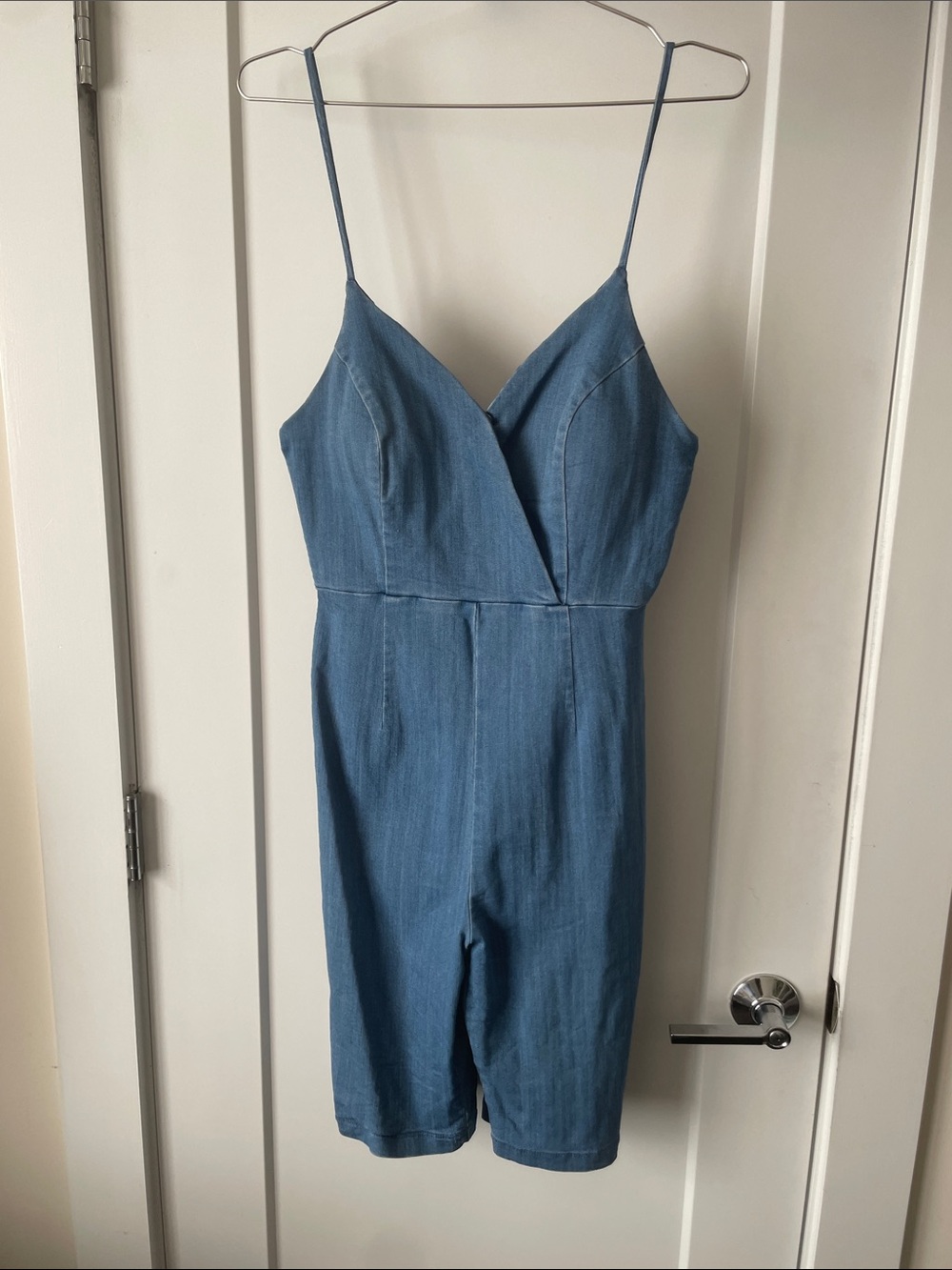 Sleeveless Light Blue Denim Romper with Spaghetti Straps